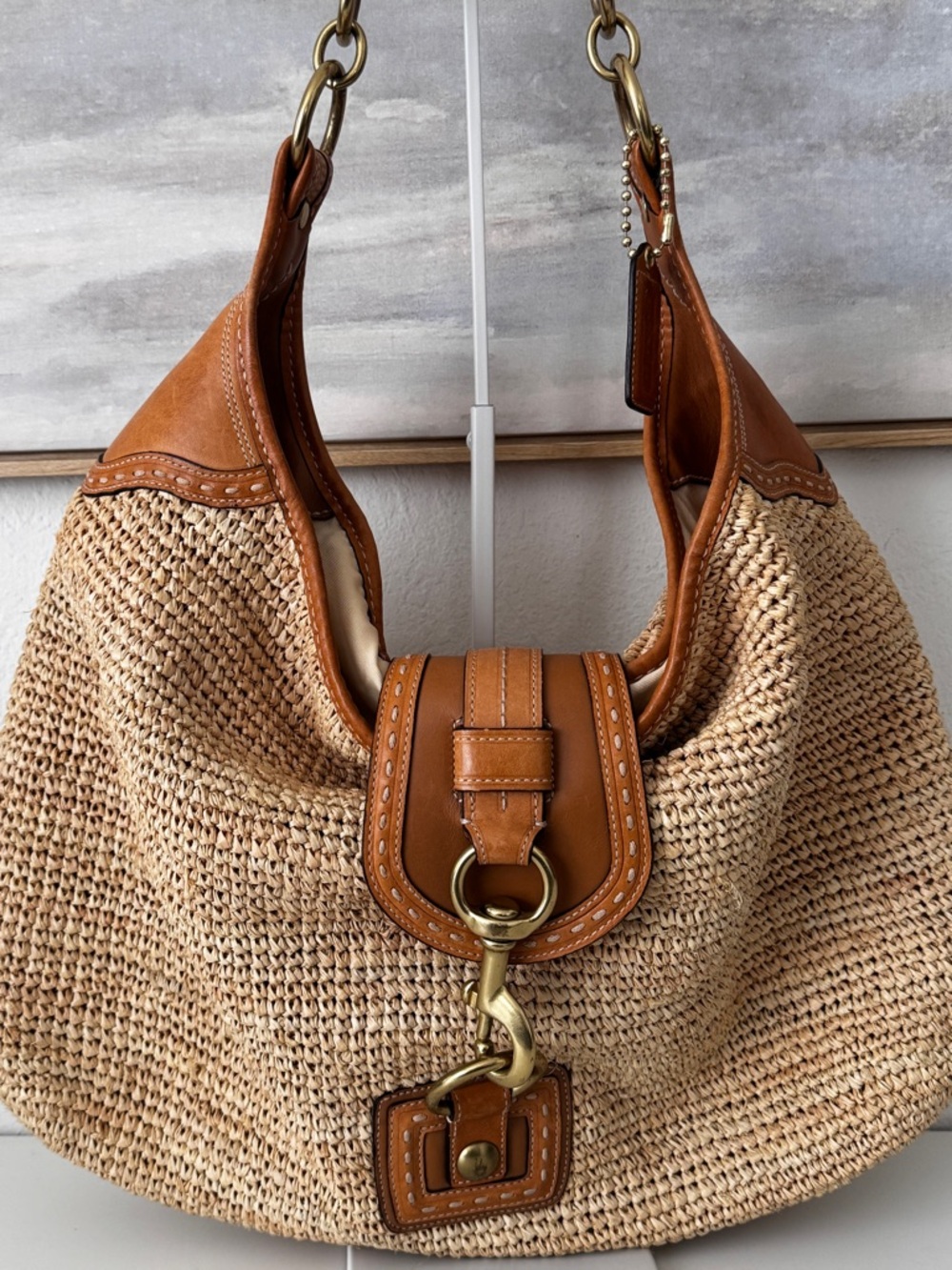 XL Coach Straw Hobo Bag with Tan Leather Trim